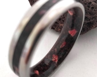Gift for his and hers, Mens and womens titanium hipoallergenic ring, Natural mix Lava rock and red Coral, Mens nad womens wedding rings