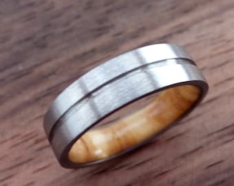 Square Titanium Olive Wood Ring - Unique Mens Wedding Band