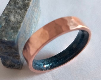 Hammered Copper Ring: Lapis Lazuli Stone Inlay, Rustic Wedding Band