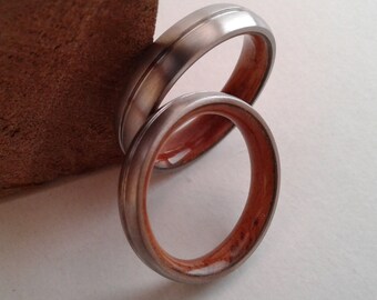 Unique his and hers band, Titanium band, Redwood ring, Mens wedding band, Womens wedding band, Round band, Wood ring his and hers, New rings