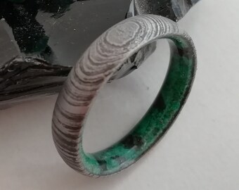 Damascus Steel Wedding Band: Malachite & Obsidian Stone Ring, Unisex 5mm