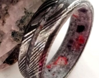 Engagement band, Mens or womens gift unique, Damascus steel band mix Moonstone - Amethyst - Red Coral, Handmade unisex jewelry