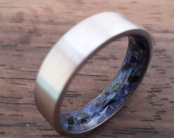 Male rings, Flat band ring, Comfort fit wedding ring, Unique Men's Anniversary gift, Blue Lapis lazuli raw stone, Black Tourmaline stone
