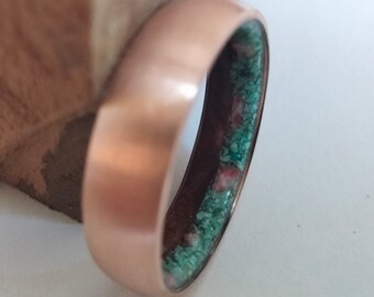 Marriage unisex rings, Copper wedding ring for men or women, Secuoya wood mix Turquoise stone & Red Coral, Boho Engagement rings for men