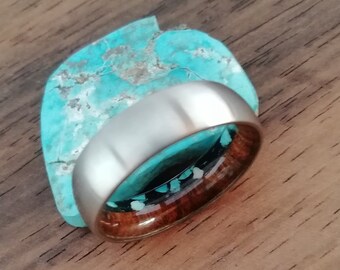 Titanium Ring: Chechen Wood, Turquoise & Black Tourmaline Inlay, 7mm Band