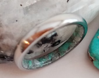 Titanium Ring with Moonstone & Turquoise Inlay - Handmade Unisex Band