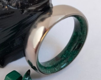 Wedding Band Engagement, Raw Stone Ring, Malachite Stone, Black Obsidian, Boho Ring, Glossy Finish Band, Unique Design Ring for His and hers