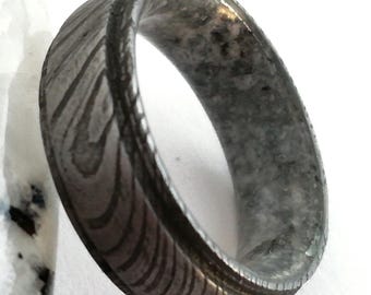 Damascus wedding band mens stone - Mens wedding band - Unique wedding ring Damascus steel Moonstone mens ring - 7mm wedding band for mens