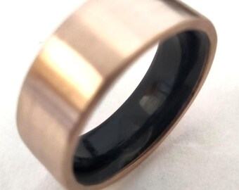 Bronze gift, Unique Bronze wide wedding band 8mm, Bronze gift for 8th anniversary, Unisex Promise bronze rings Black raw Tourmaline stone