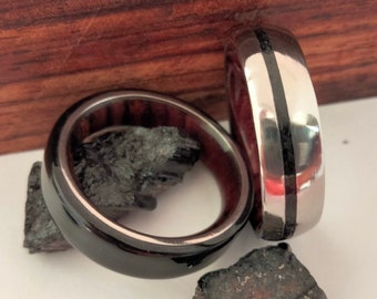Titanium Wedding Band Set: Cocobolo Wood & Black Tourmaline Rings