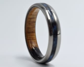 Unique wedding band for his or hers, Titanium bright band Lapis lazuli inline and whiskey barrel wood inside, Elegant and Beautifull ring