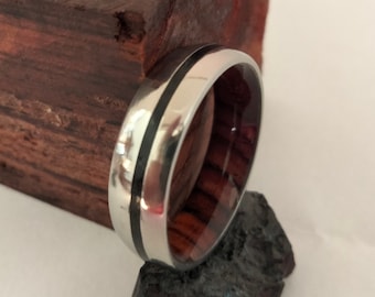 Mens wedding band, Raw stone ring, Wedding ring, Titanium unisex ring, Cocobolo wood, Tourmaline stone, 7mm band, His and hers ring, Unisex