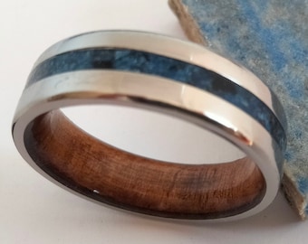 Ring men -Wedding, Ring men stone, Mens ring, Titanium wedding band, Lapis lazuli stone, Tourmaline Stone, Oak wood inside, Mix Raw stone