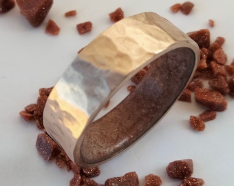 Unique Bronze Anniversary gift him or her, Cool unisex wedding rings, Hammered Bronze band, Natural raw sunstone inside, Gift for husband
