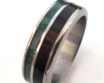 Gift for womens or mens, Unique round titanium wedding rings, Exotic Iron wood and Natural green Moss agate stone
