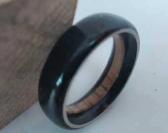 Mens jewelry rings, Male Engagement band, Black rings for mens, Round band,  Natural Toumaline stone, Oak wood, Boho style rings, Unisex