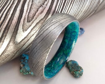 Raw Azurite Malachite Damascus Steel Wedding Band, Handmade Artisan Ring