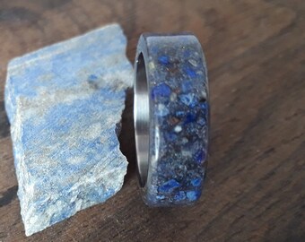 Lapis Lazuli Raw Stone Titanium Wedding Band - Unique Couple Rings