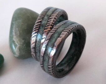 Damascus Steel Wedding Band Set: Green Jade Stone Rings, His and Hers