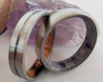 Matching Titanium Wedding Band Set: Whiskey Barrel Wood & Raw Amethyst Stone
