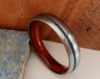 Man wedding band, Women wedding band, His and hers wedding rings, Redwood, Raw Lapis lazuli, Titanium Wedding band, Wooden mens wedding ring