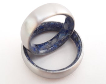 Stainless titanium mens jewelry ring, Unisex Couple wedding ring set, Titanium engagement bands, Raw Lapis lazuli stone, Raw Rose quartz