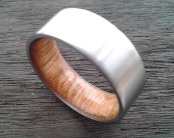 Bourbon Barrel Wood Ring: Titanium Mens Wedding Band, Square 8mm