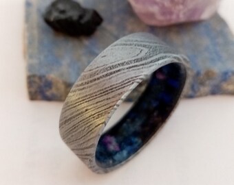 Handmade Damascus Steel Ring: Raw Stone Inlay, Custom Wedding Band