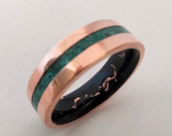 Handmade Copper Ring: Malachite & Black Tourmaline Stone Band