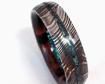 Unique marriage ring, Ironwood, Turquoise ring, Lapis lazuli ring, Damascus steel, His and hers ring, Raw stone, Unique unisex ring