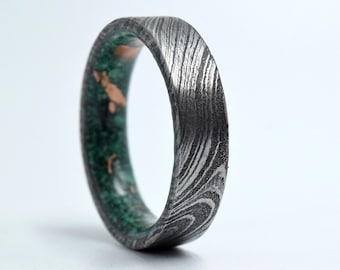 Mixed metal rings, Unique Damascus ring, Green Malachite stone, Recovered copper, Mens wedding band, Womens wedding band, Recycled copper