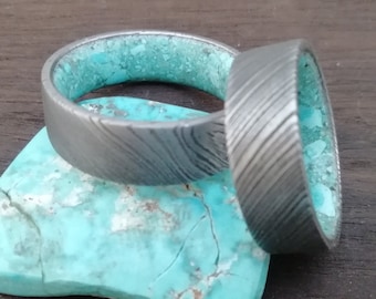 Gay rings, Lesbian rings, Square Turquoise stone rings, Mens wedding bands, December birthstone rings, Damascus steel, Male rings