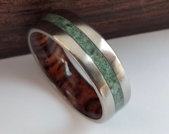 Emerald ring, Cocobolo ring, Mens wedding band, His and hers Engagement ring, Titanium Promise ring alternative, Crystal ring, Gemstone ring