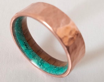 Hammered Copper Ring: Whiskey Barrel Wood & Turquoise Stone Inlay
