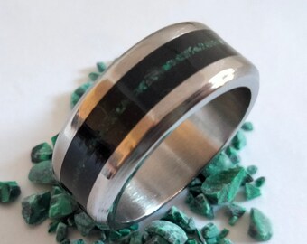 Gift for mens, Handmade Titanium Band with Black Tourmaline Stone and Green Malachite, Unique promise proposal ring, Valentines day gift