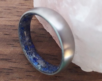 Unique Rose quartz ring, Lapis lazuli ring, Titanium wedding band, 6mm band, Wedding band women, Mens wedding band, His and hers engagement