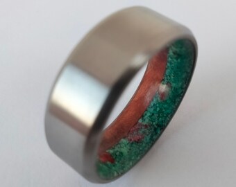 Gift for mens, Turquoise ring for mens, Coral ring, Secuoya wood, Titanium wedding band, Engagement ring, Raw stone, Mens wedding band