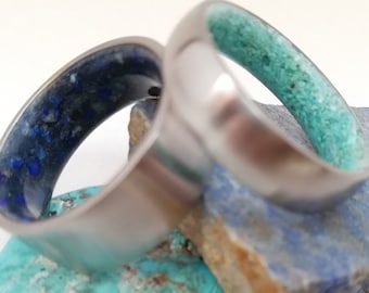 Titanium Wedding Band Set: Lapis Lazuli & Turquoise Rings