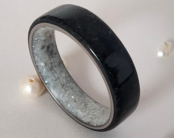 Male ring, Engagement ring, His and hers, Black Tourmaline band, Black wedding ring, Natural Pearl inside, Special day gifts, White pearl