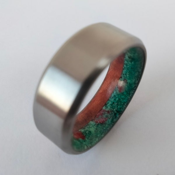 Handmade Titanium Wedding Band: Turquoise, Coral & Redwood Ring