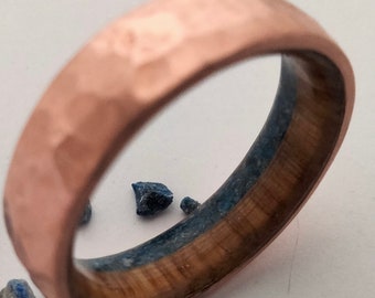 Copper rings for his or her, Whiskey barrel wood and Blue Lapis lazuli stone, Unique wedding band, Engagement rings, Promise unisex bands