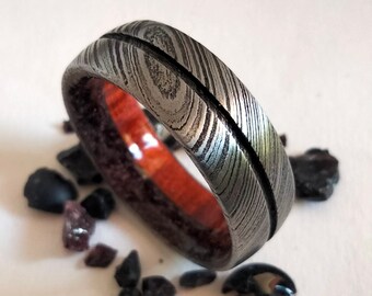 Gift for men, Unique Damascus ring, Raw Garnet stone, Red heart wood, Mens wedding band, Womens wedding band, Damascus steel ring