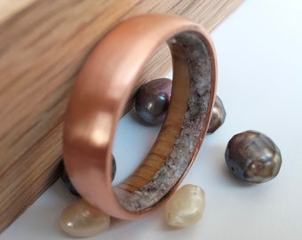 Copper Wedding Ring: White Oak Wood & Pearl Inlay, June Birthstone