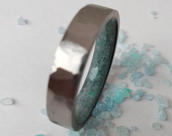 Hammered Titanium Ring: Raw Aquamarine Crystal, Handmade Wedding Band