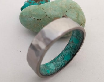 Raw Turquoise Stone Ring: Hammered Titanium Wedding Band, Birthstone Ring