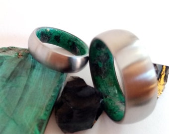 Male rings, Wedding bands set, Malachite stone, Black Obsidian stone, Raw stone rings, Promise rings, Engagement rings, His and hers bands