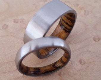 Bocote Wood Titanium Wedding Ring Set: His & Hers Matching Bands