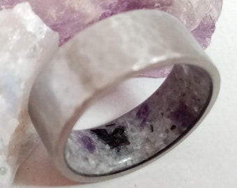 Hammered ring men, Titanium band, Moonstone, Amethyst stone, Raw stone, His and hers, Wedding rings, 8mm band, Mens wedding band, Male ring