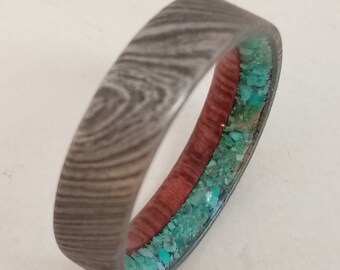 Damascus Steel Ring: Turquoise & Purple Heart Wood Inlay, Unisex Band