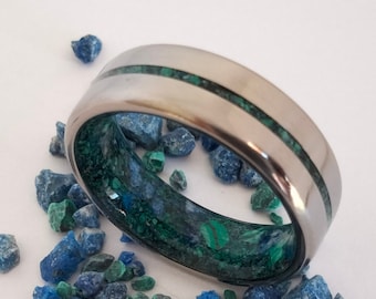Titanium Men's Wedding Band: Raw Lapis Lazuli & Malachite Stone Ring